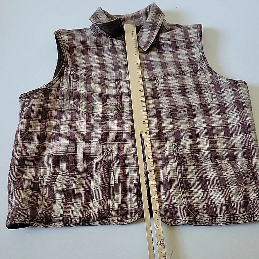 St Johns Bay Vintage Reversible Vest Petite Medium Brown‎ Denim Flannel Full Zip